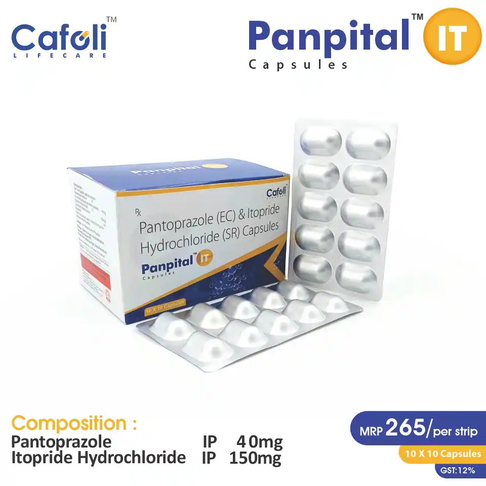 Pantoprazole (40mg) + Itopride (150mg) Capsule at the best price in PCD Pharma Franchise for GERD Treatment with Prokinetic Action.